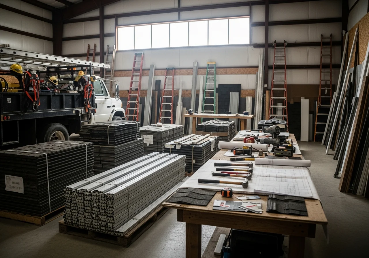 Professional roofing crew with tools and equipment ready for residential and commercial projects. Shop floor and materials organized for quality workmanship.