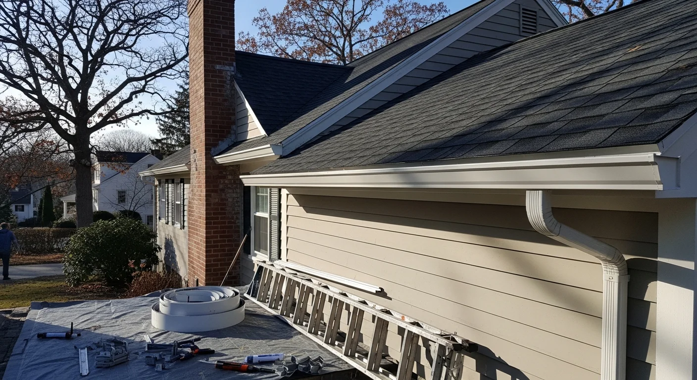 Seamless gutters installed along roofline of residential home