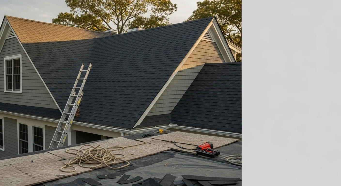 Professional roofer installing new asphalt shingles on residential home