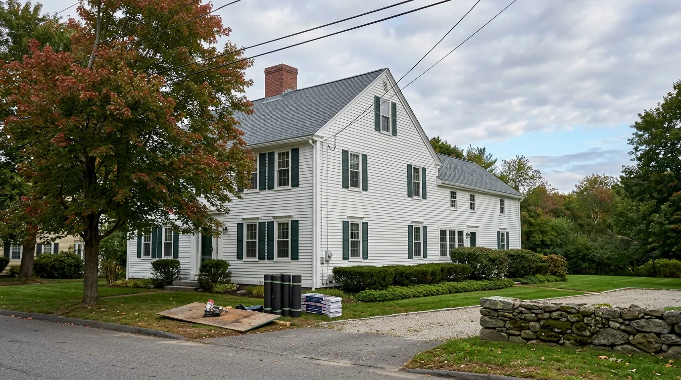 Residential roofing and siding work on a historic home in Andover, Massachusetts
