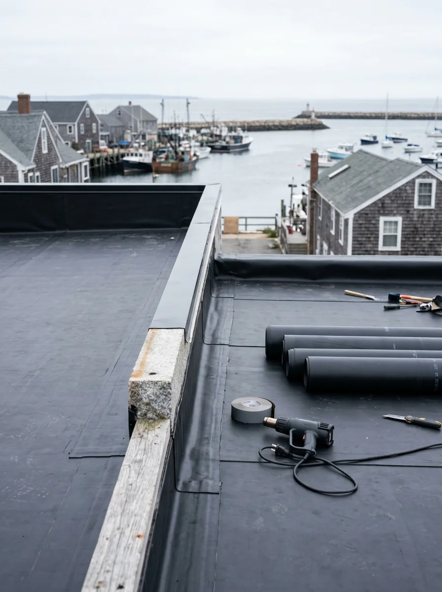 Commercial rubber roof on a low-slope building near the Beverly waterfront