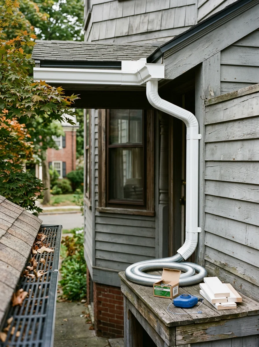 Gutter and clapboard siding detail on an older Cambridge, MA home