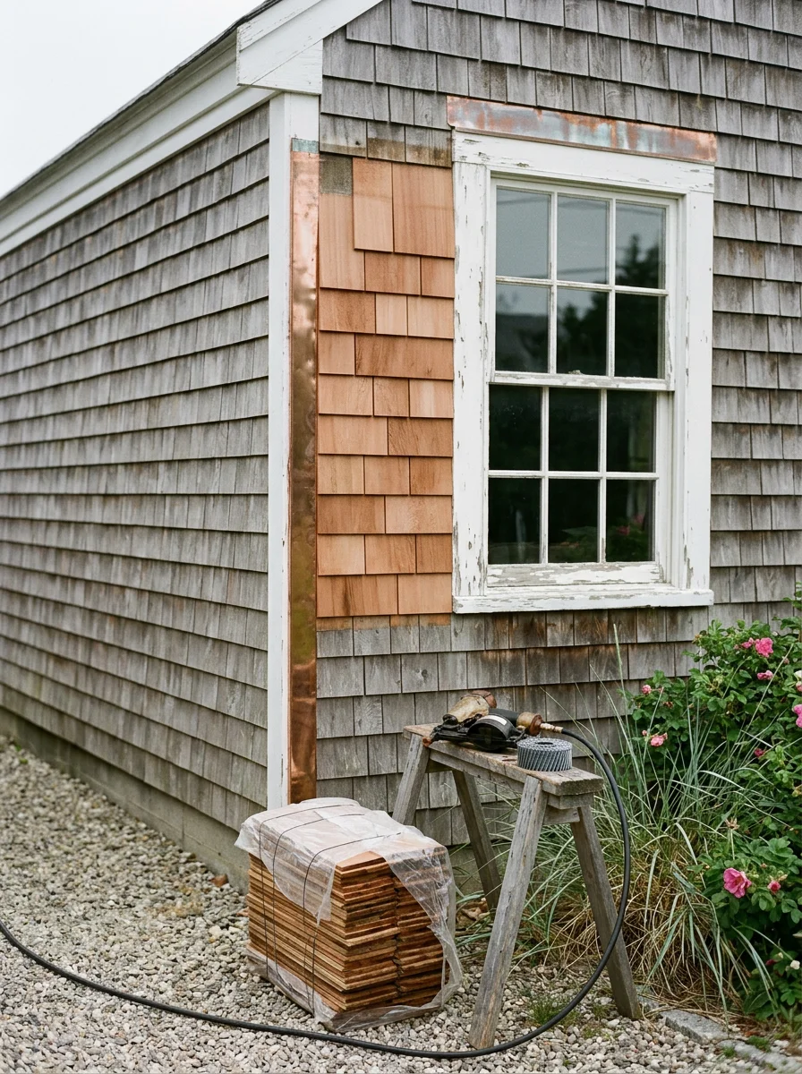 Close-up of weathered siding and window trim on an older home in Chatham, MA