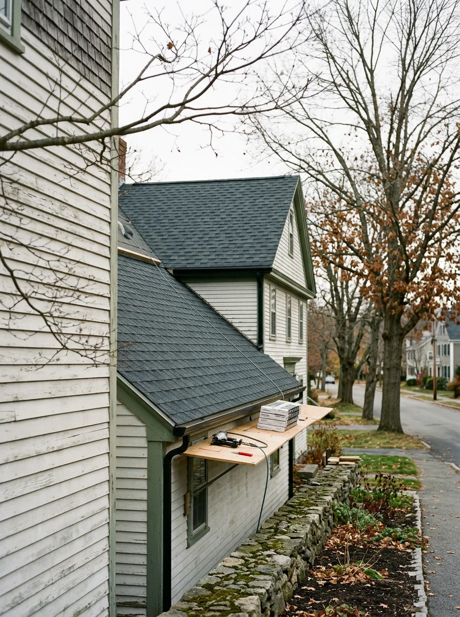 Workers installing asphalt shingles on a residential roof in Concord, MA