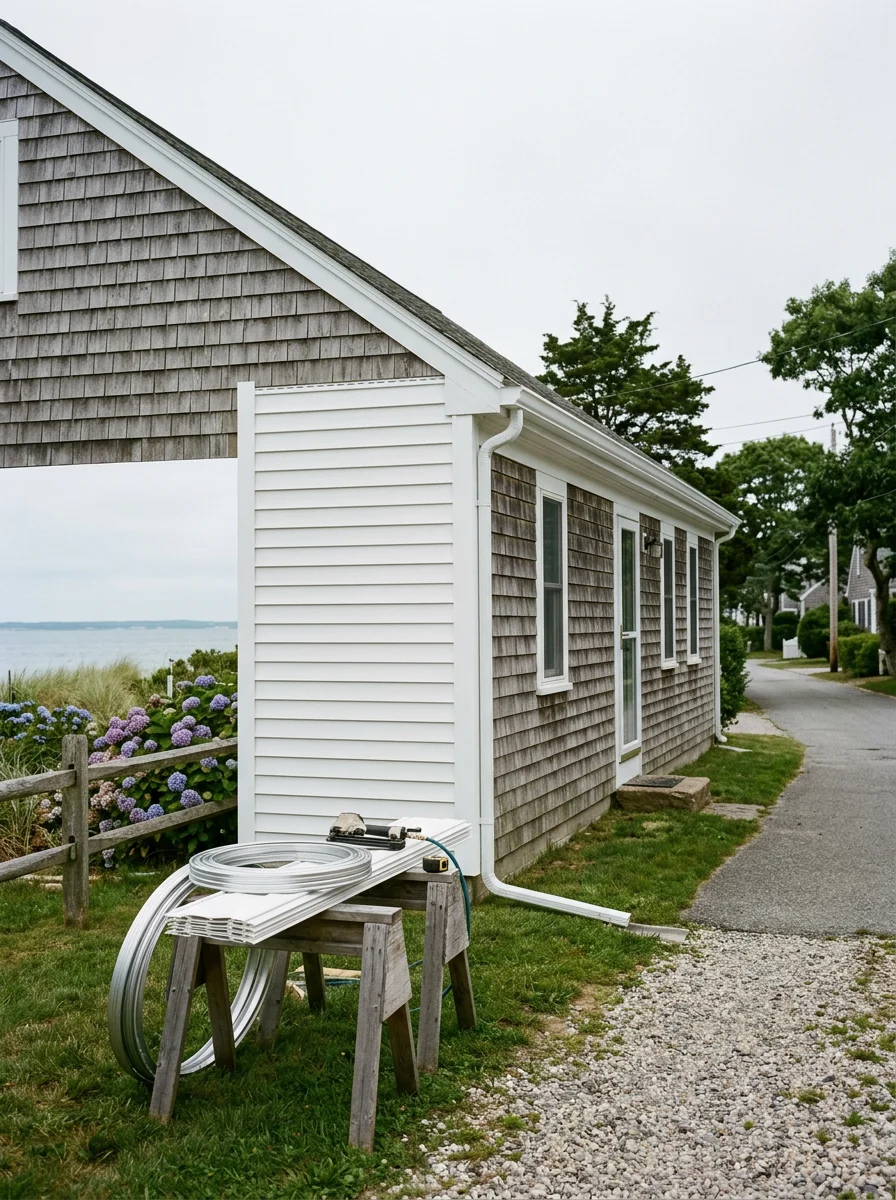 Siding and gutter installation on a Falmouth, Massachusetts home near the coast