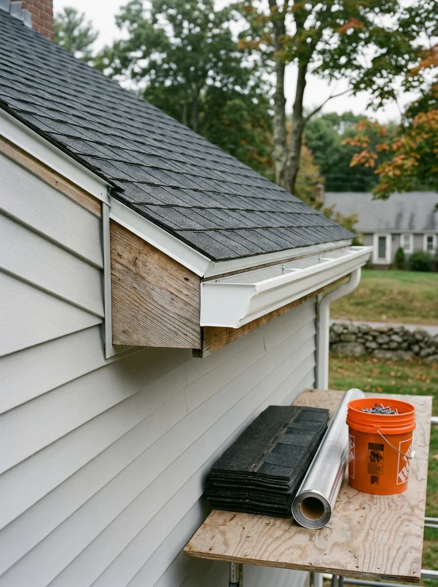 Close-up of roof edge, gutter, and siding repair on a residential home in Middleton, Massachusetts