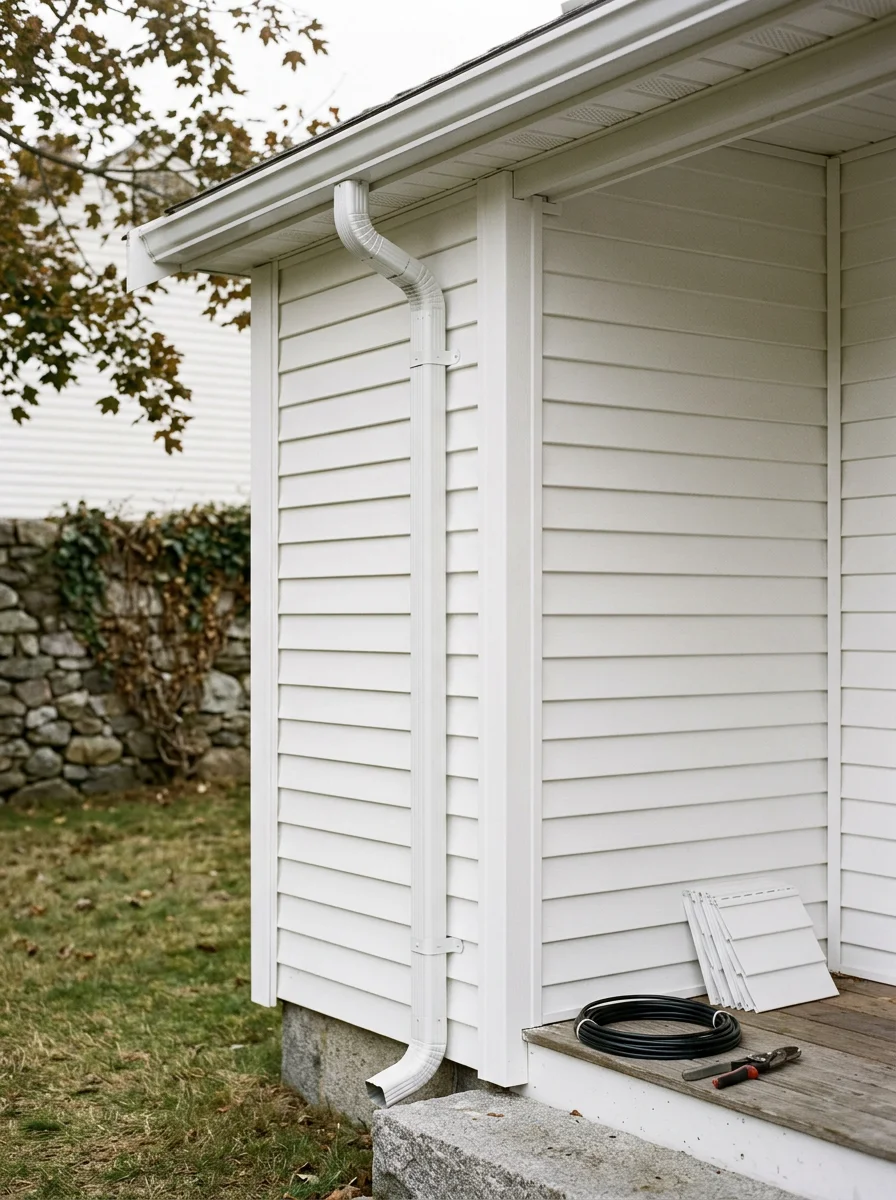 Vinyl siding and gutter detail on a Plymouth, Massachusetts home