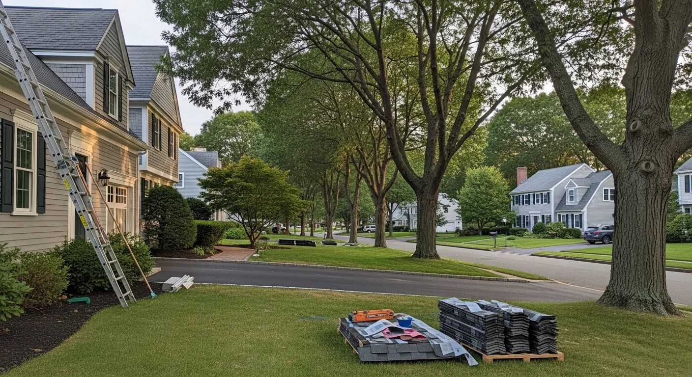 Residential street in Reading, MA with mature trees and well-maintained homes, showing typical neighborhood setting.