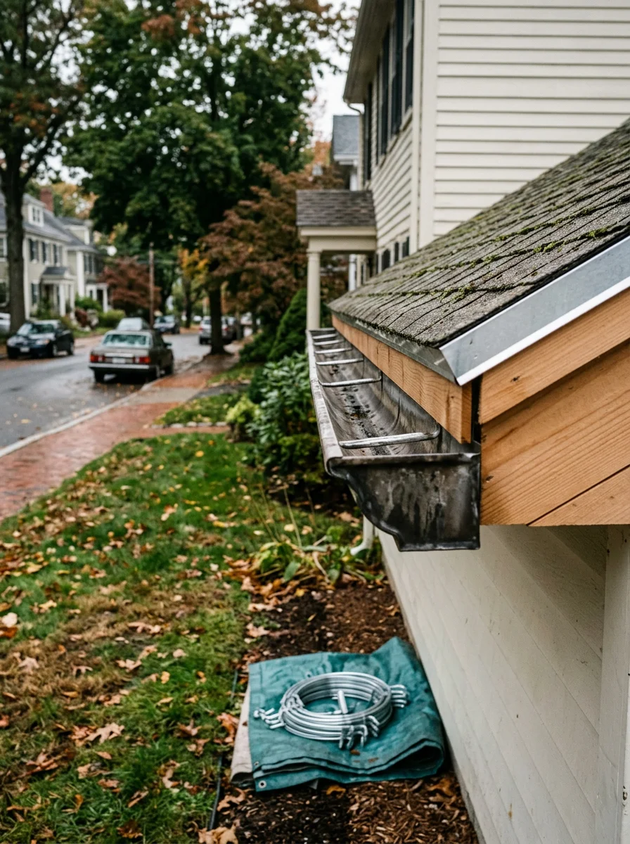 Gutter and roof edge on an older residential home in Winchester, Massachusetts