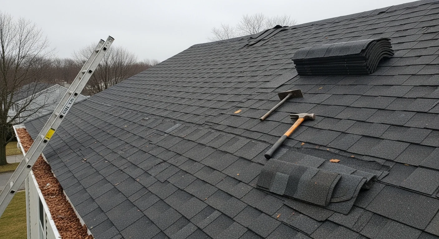 A roofing contractor repairing damaged asphalt shingles on a colonial-style home in Reading, MA. Close-up view shows replaced shingles and sealed flashing along a roof slope after freeze-thaw damage.