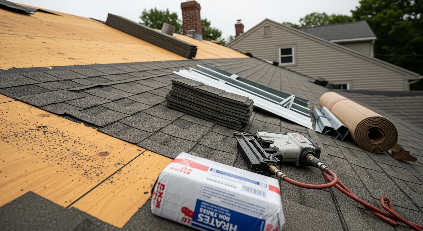 A completed asphalt roof replacement on a two-story colonial-style home in Reading, MA, showing new dimensional shingles and clean ridge line. The surrounding yard reflects a typical Reading residential neighborhood with mature trees.
