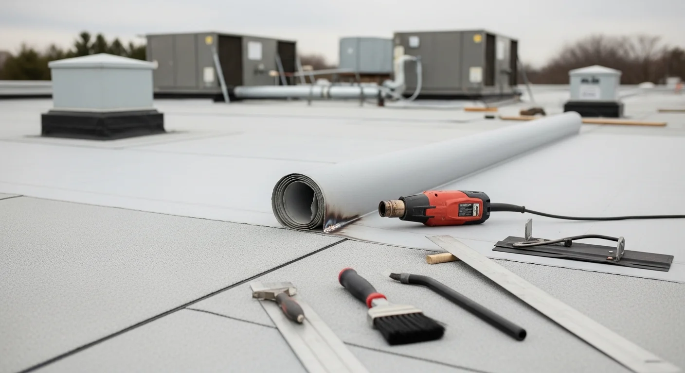 A flat commercial roof on a Reading, MA business property showing a clean membrane surface with properly sealed flashing and drainage points. The surrounding area reflects a typical Middlesex County commercial streetscape.