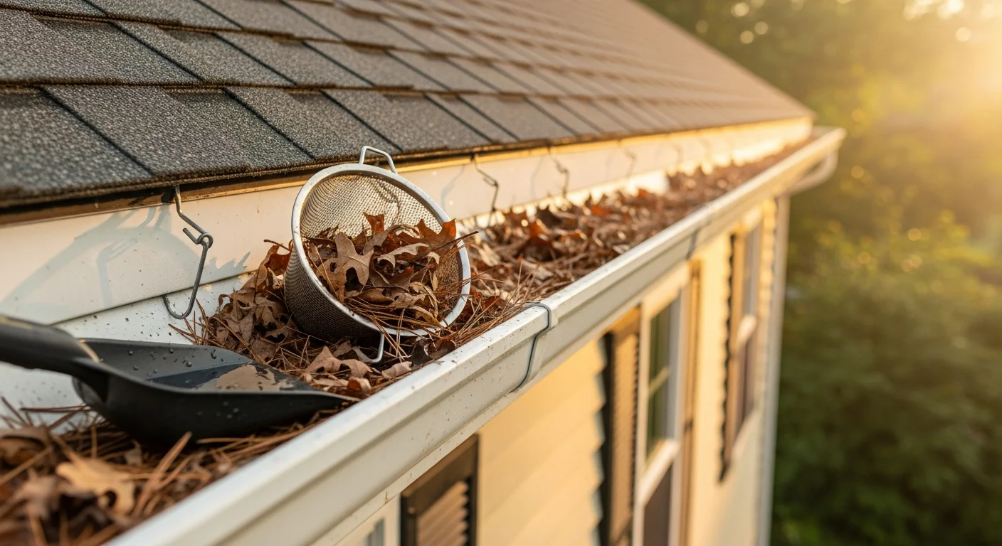 A technician from Commonwealth Roofing And Siding, LLC clearing packed leaf debris from the gutters of a two-story Colonial home in Reading, MA. The downspout is flushed and flowing freely after the cleaning.