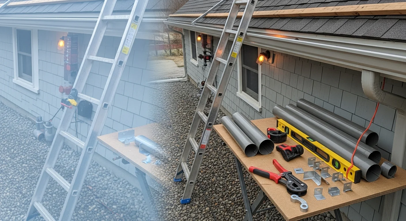 Newly installed gutters on a two-story wood-frame home in Reading, MA, with downspouts positioned away from the foundation. Close view of the roofline shows clean gutter alignment along the fascia with no visible gaps or sagging.
