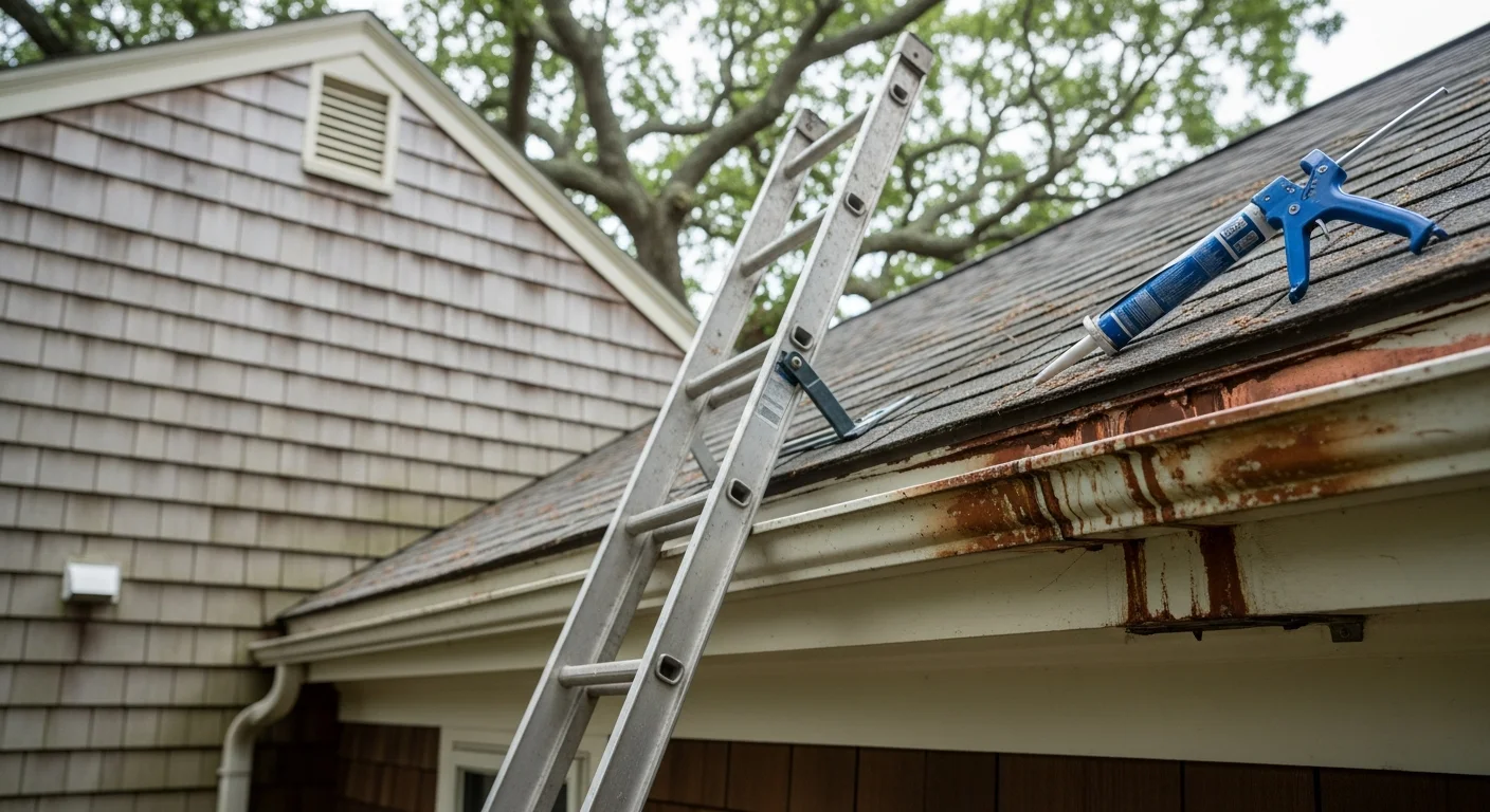 A gutter repair technician resealing a joint on a colonial-style home in Reading, MA, with a downspout reattached and running clear after the repair. Close-up view shows fresh sealant applied at a corner seam on a white-painted fascia board.