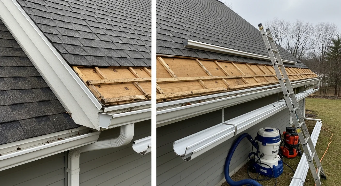 Newly installed gutters running along the roofline of a Colonial-style home in Reading, MA, with clean downspouts directed away from the foundation. A Commonwealth Roofing And Siding, LLC crew member secures a gutter section to freshly inspected fascia boards.