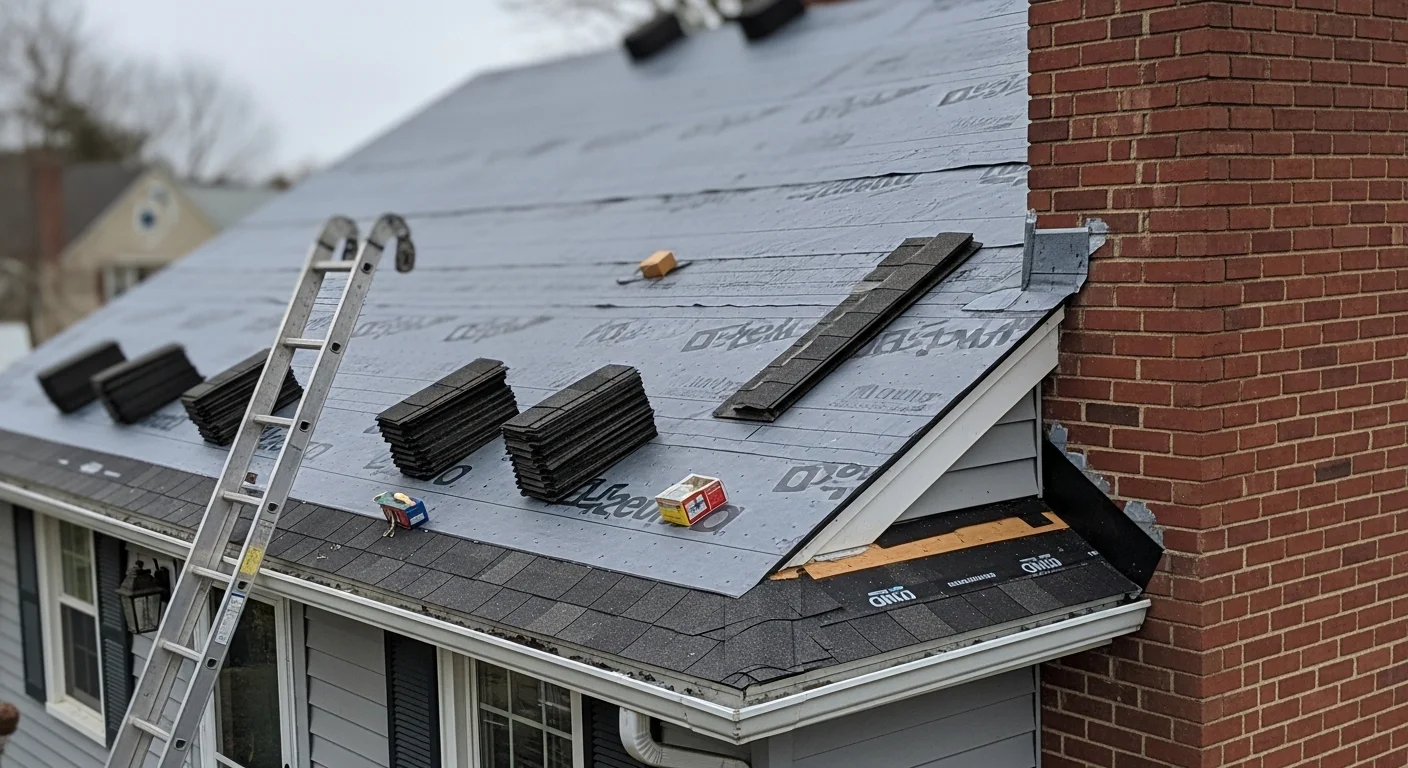 A newly installed residential roof on a Colonial-style home in Reading, MA, showing clean shingle lines, finished ridge cap, and completed flashing at the chimney. The surrounding yard is clear of debris following project completion by Commonwealth Roofing And Siding, LLC.