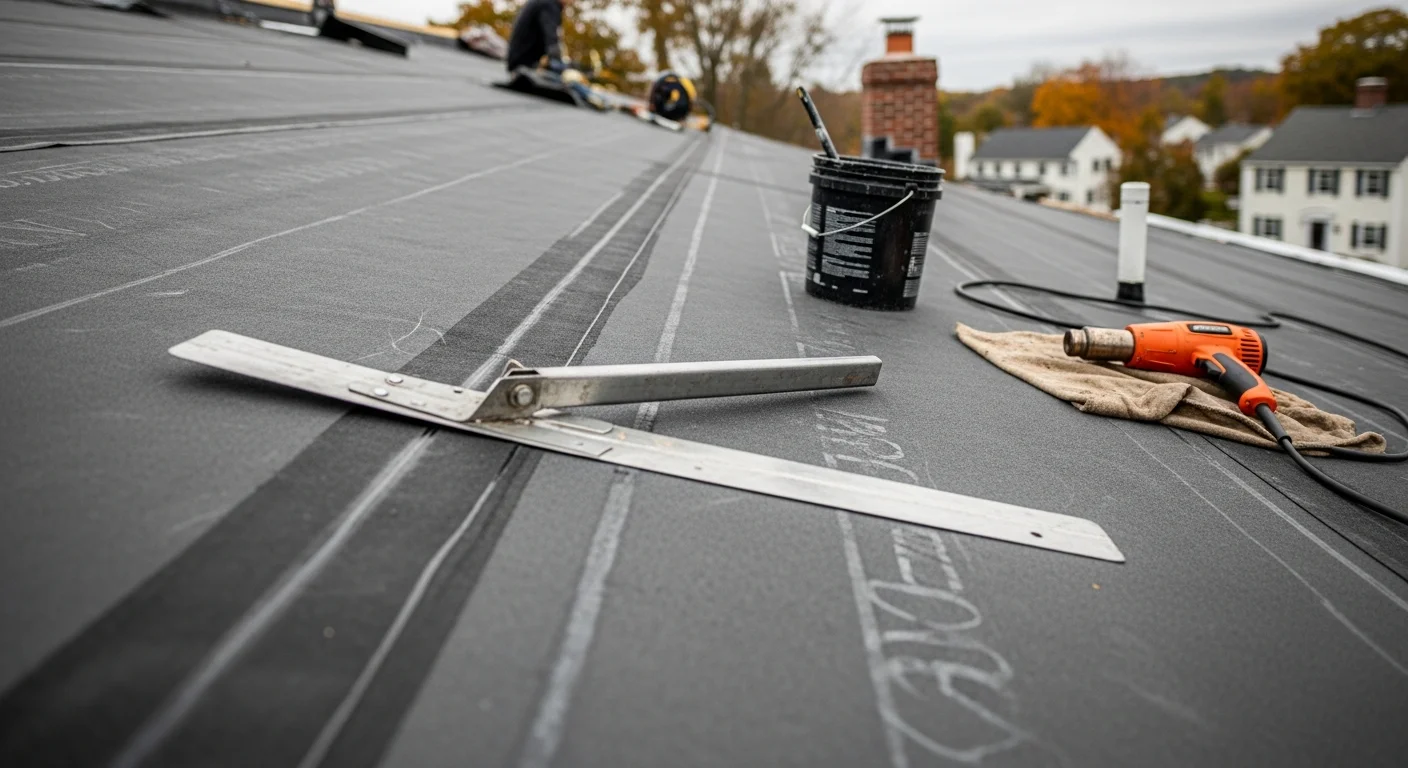 A completed rubber membrane roof installation on a flat residential addition in Reading, MA, showing smooth membrane surface, sealed edges, and finished metal flashing along the perimeter.