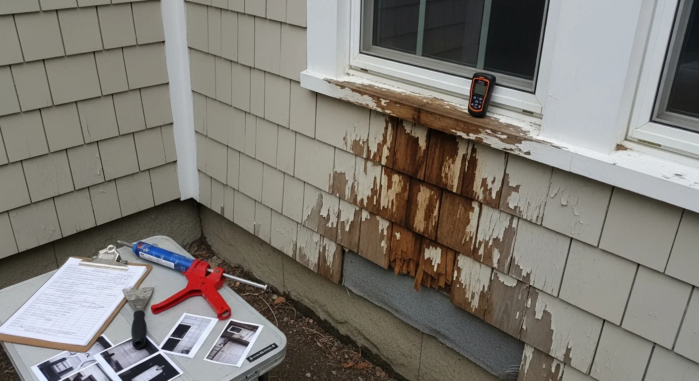A siding contractor from Commonwealth Roofing And Siding, LLC inspecting the exterior panels and trim of an older wood-sided home in Reading, MA. Close-up view shows the contractor examining a corner seam for signs of moisture damage and cracking.