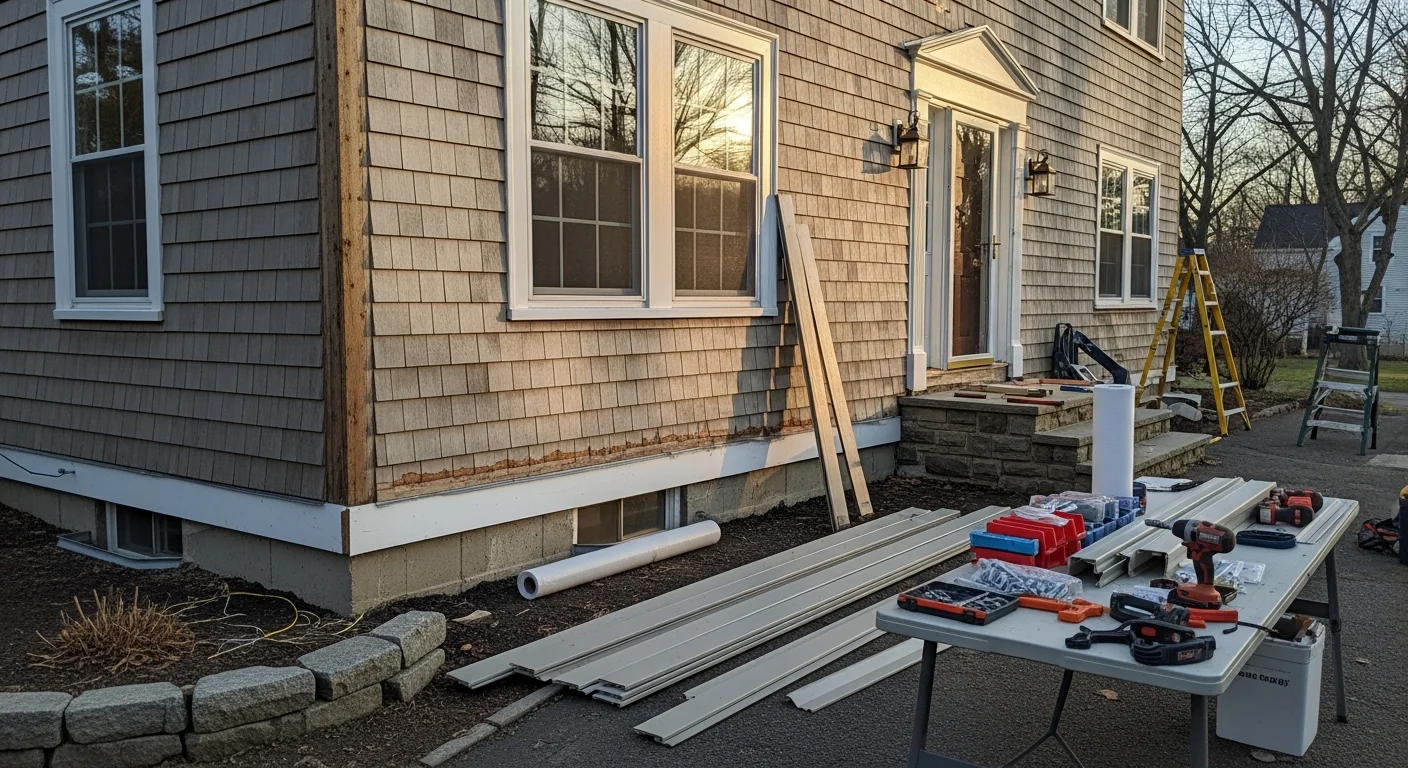 Freshly installed exterior siding on a colonial-style home in Reading, MA, with clean trim lines and a weathertight finish along the front and side walls. The completed installation shows tight panel seams and properly flashed corners typical of a full replacement project in Middlesex County.