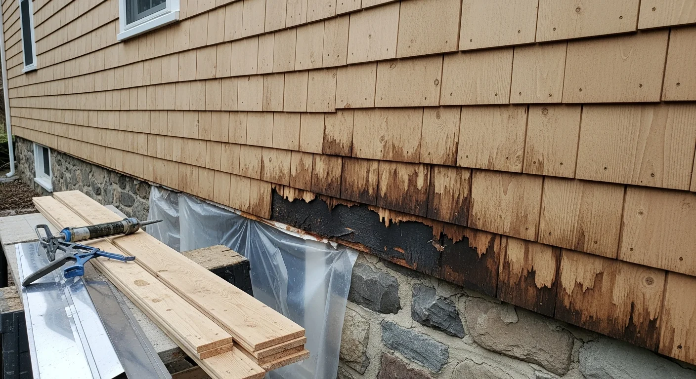 A repaired section of exterior siding on a colonial-style home in Reading, MA, with new panels installed flush and color-matched to the surrounding boards. Close view shows clean panel edges, proper overlap, and flashing at a window corner.