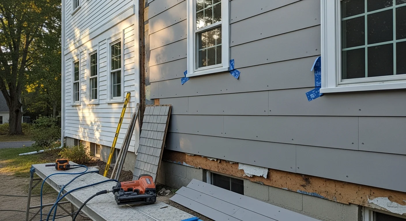 Newly installed siding on a single-family home in Reading, MA, with clean panel lines and finished trim around windows and corners. The completed exterior shows no gaps, warping, or weathering typical of older New England homes.