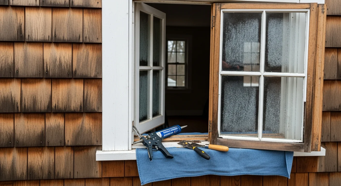 A repaired double-hung window on a residential home in Reading, MA, with a clean frame and no visible gaps or damage. Close-up view shows a properly seated sash and intact weatherstripping along the frame edge.