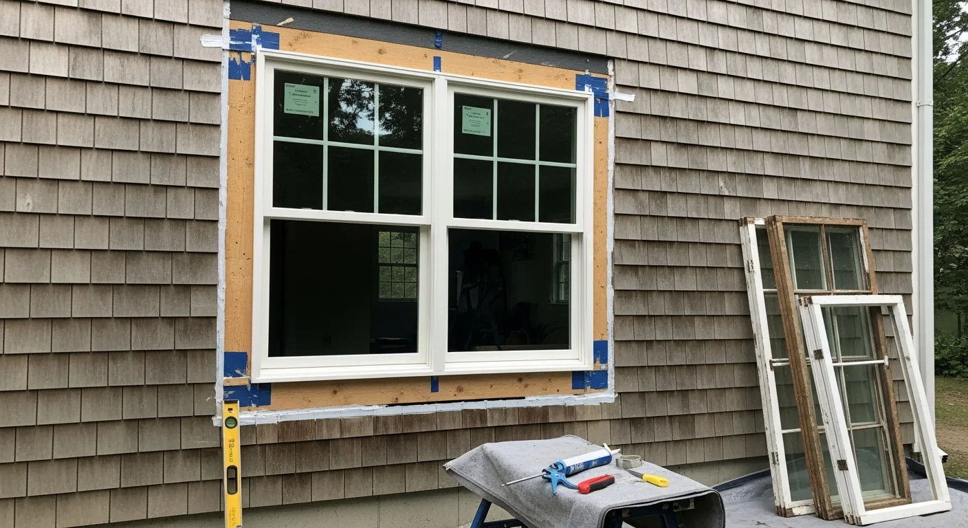 A newly installed replacement window on a Colonial-style home in Reading, MA, with clean exterior trim and a tight weather seal visible along the frame. The surrounding siding shows no gaps or damage, reflecting a complete and properly finished window installation.